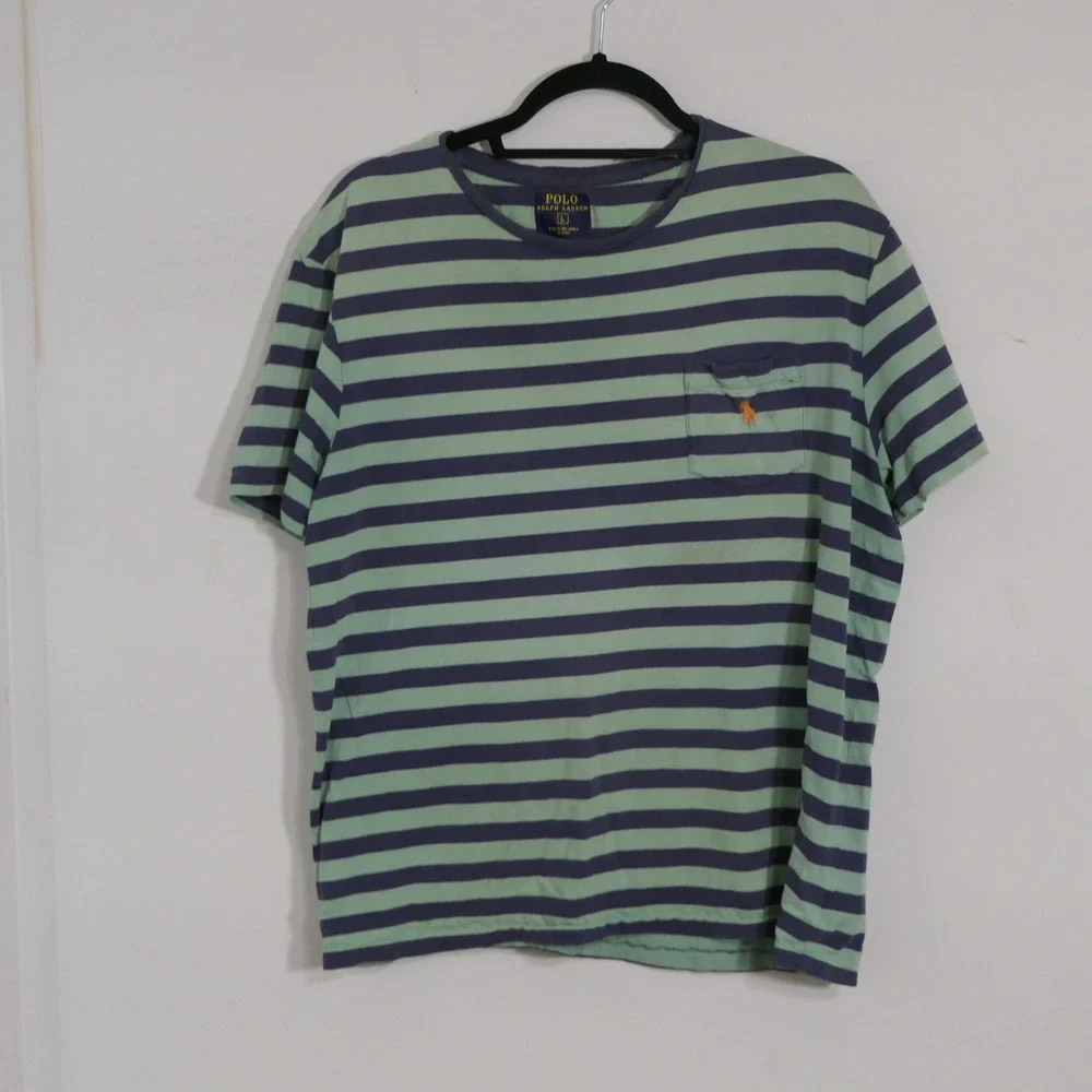 Vintage 90s Polo Ralph Lauren Mens T Shirt L Green Blue Striped Distressed Y2K